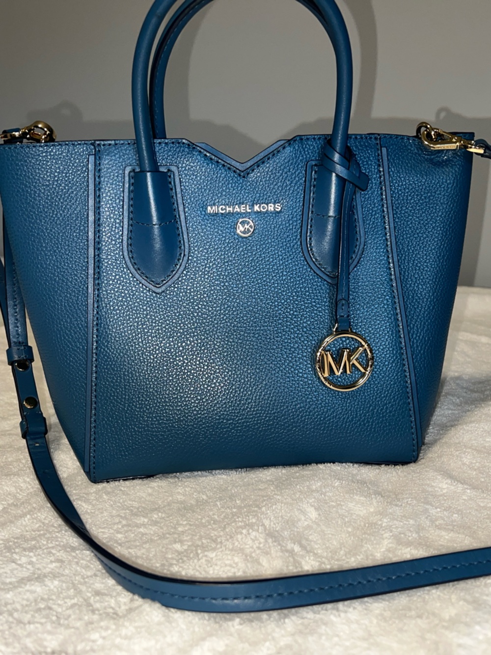 Michael Kors Blue Pebbled Leather Satchel with Logo Charm
